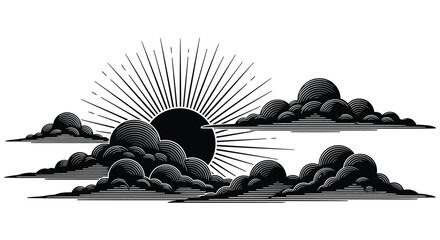 A striking black and white landscape depicts rolling clouds and a radiant sun presented as a bold silhouette high quality professional © mrvect02