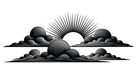 A striking woodcut style landscape depicts rolling hills and a radiant sunburst rendered as a bold silhouette high quality professional detailed modern © mrvect02