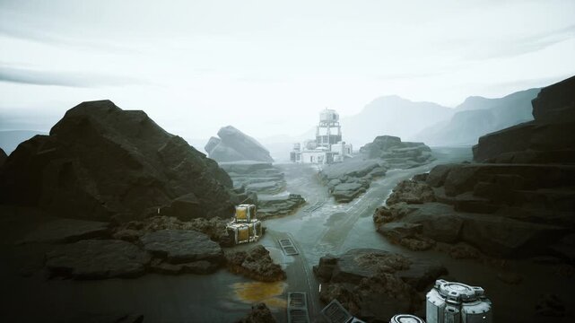 deserted martian valley with rover approaching outpost modules under overcast sky, misty mountains framing winding gravel track, industrial habitat modules