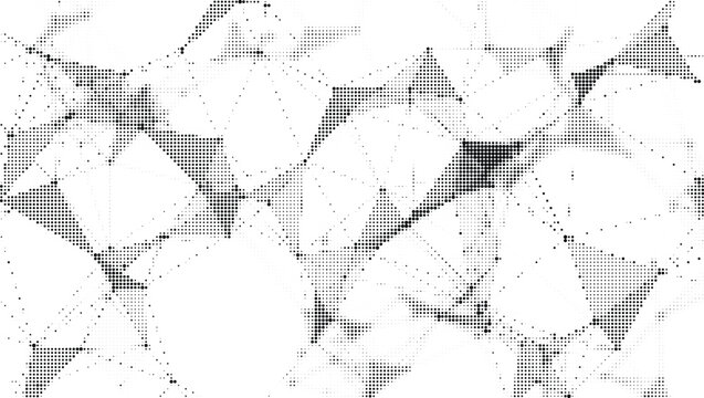 Geometric abstract mosaic of irregular polygons and halftone dots on transparent background