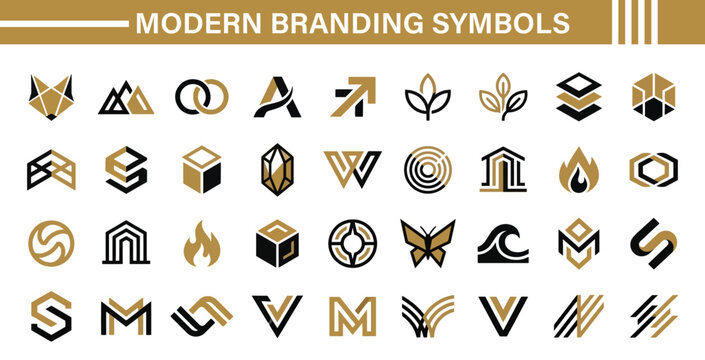 Collection of modern abstract branding symbols and geometric logos in gold and black for corporate identity