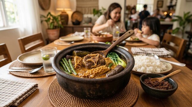 Filipino peanut stew with oxtail served at family dining table  