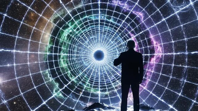 Businessman standing at cosmic portal. Man explores vast universe and opportunities. Impressive digital art showcases imagination and limitless potential. Scene evokes curiosity.