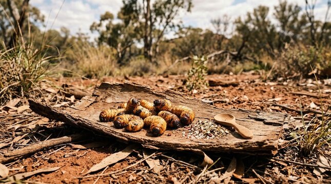 Witchetty grubs displayed on a wooden plate in Australian bushland  