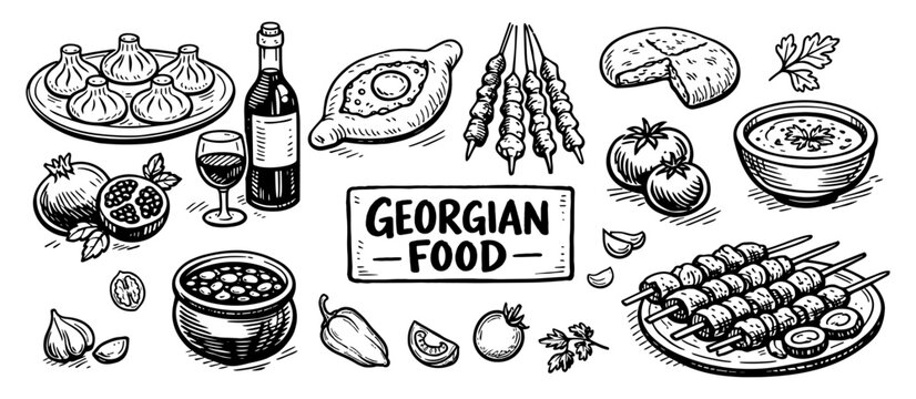 Georgian food khachapuri and khinkali in vintage sketch style