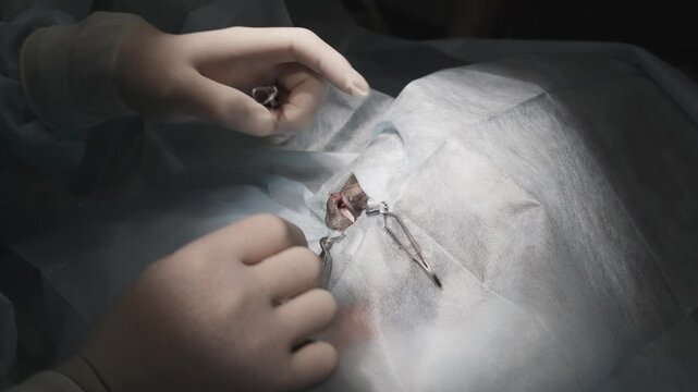 Professional veterinarian performing delicate ophthalmic surgery on an animal's eye, carefully stitching the wound closed with a needle and thread in a sterile operating room environment.