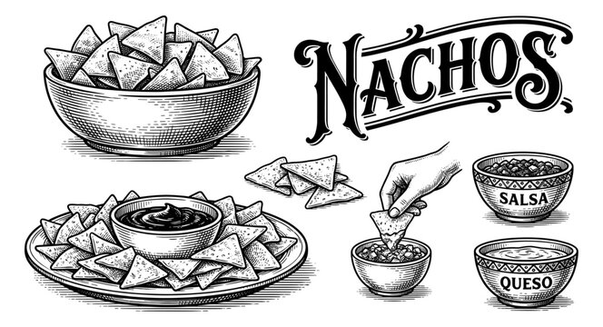 Nachos and tortilla chip set with salsa and queso dip sketch