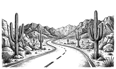Naklejka premium Desert road landscape with mountain and saguaro hand drawn sketch