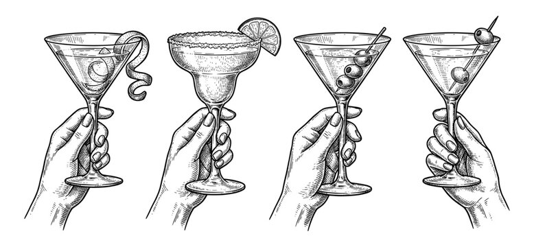 Cocktail set held by hand with martini margarita hand drawn sketch