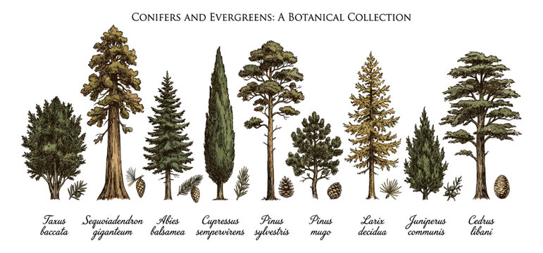 Colored conifer and evergreen tree set in vintage engraving style