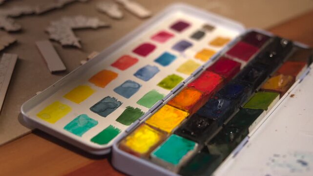 Creating With Watercolor And Stencil. Painter Immersing Brush Into Colors While Testing Design Ideas. Media