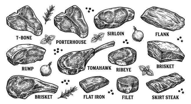 Beef meat steak cut set with ribeye and t-bone hand drawn sketch