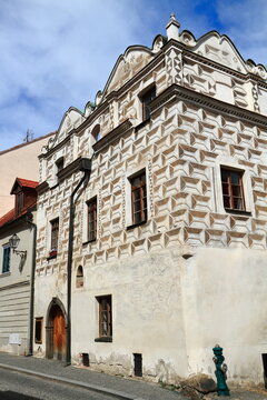 Historic Prachatice Facade intricate architecture and sgraffito-adorned walls