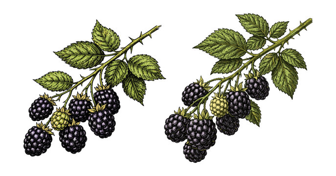 Blackberry berry branch hand drawn sketch colored botanical engraving