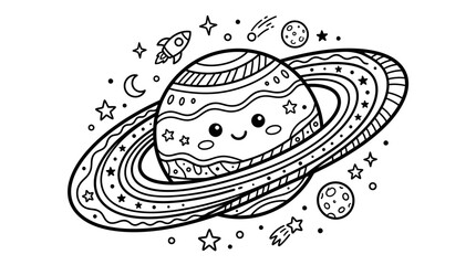 Smiling Cartoon Planet with Rings and Stars. © Siwit