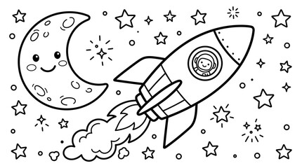 Smiling cartoon rocket ship blasting off. © Siwit