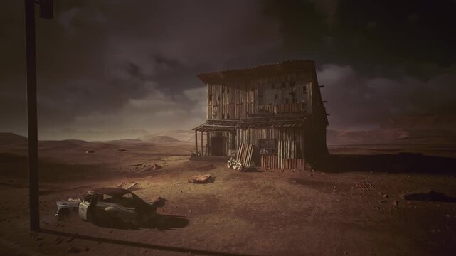 lonely desert outpost during dusk, cinematic roadside refuge beside wrecked vehicle and utility pole, warm amber sunset breaking through storm clouds, hints