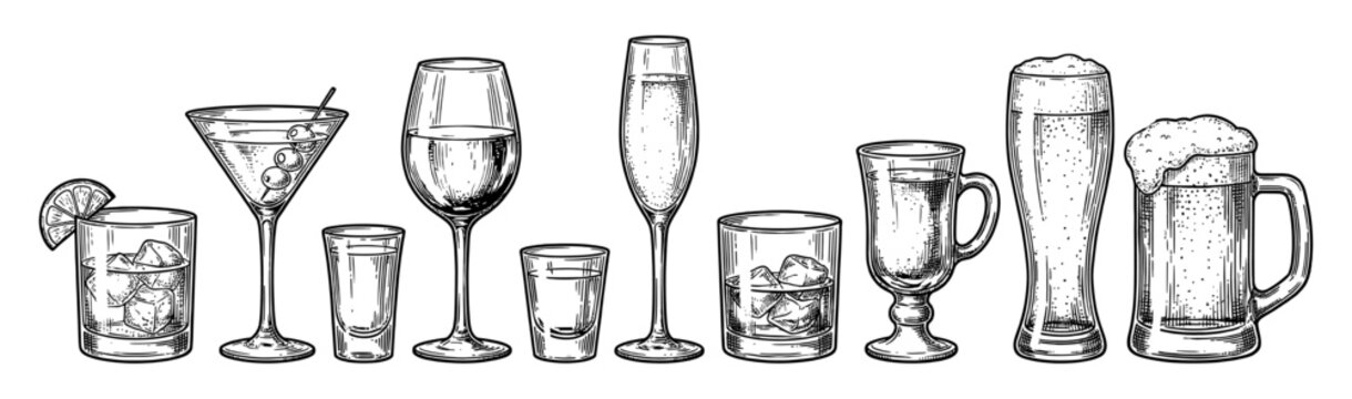 Alcohol glass set with beer wine whiskey and cocktail hand drawn
