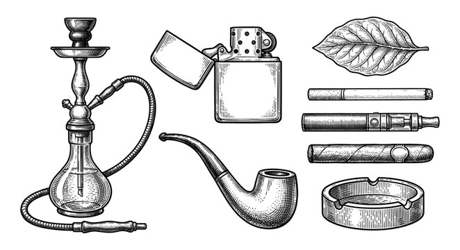 Smoking set with hookah pipe cigar and vape vintage hand drawn