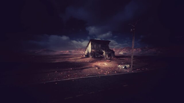 Apocalyptic refuge beside empty highway, makeshift shelter and lantern glow among rusted debris and ash while scavengers prepare campfire supplies, tense
