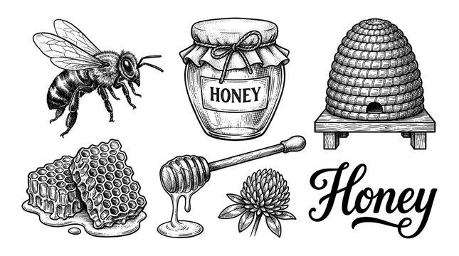 Honey bee set with jar honeycomb beehive clover and dipper hand drawn