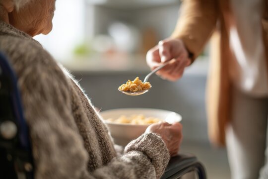 Caregiver Offering Spoonful of Cereal to Elderly Woman in Wheelchair