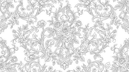 Obraz premium Elegant floral pattern with intricate swirls and roses on a white background, ideal for textile design