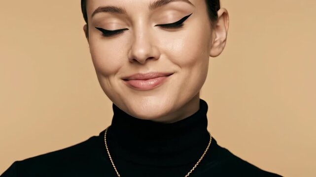 Woman transitioning from neutral to smiling expression in closeup portrait sequence. Female face showing emotional change from serious gaze to joyful smile.