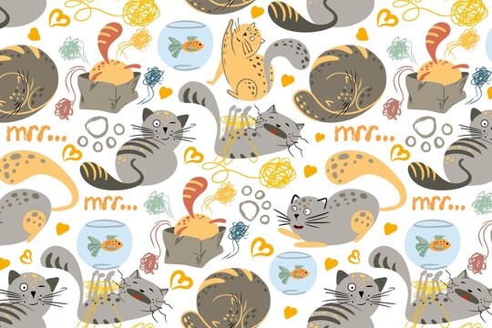 A playful pattern of cartoon cats and fishbowls on a white background