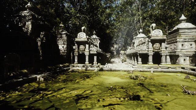 sunlit temple shrine pool with emerald water, beam of light cutting through trees onto carved stone pavilion, shimmering algae and reflections, mood of ritual
