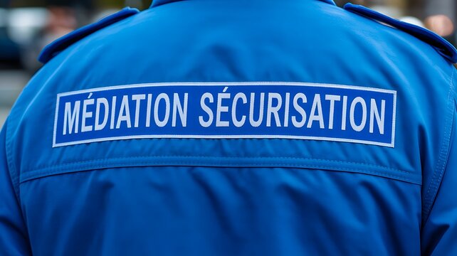 Security personnel jacket with mediation securisation text representing public safety and protection service
