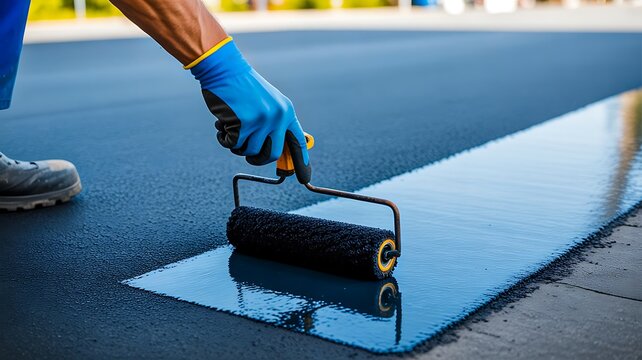 Worker applying waterproof coating with paint roller on surface for construction and renovation project