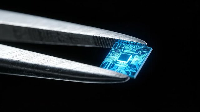 Technician using tweezers to handle glowing blue microchip. Close-up electronic component inspection and assembly process in semiconductor technology.