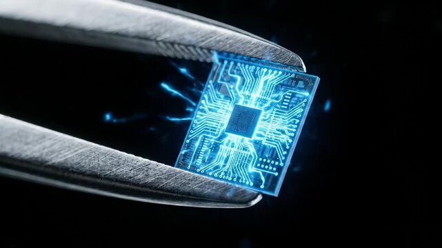Tweezers gripping small microchip with blue energy flow. Electronic circuit activation sequence. Digital technology component handling in precision engineering lab.