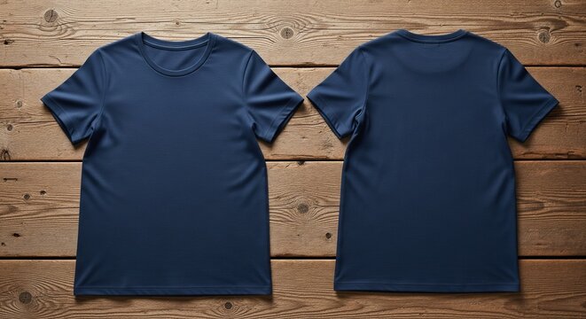 Dark blue crew neck t-shirts on a rustic wood surface casual apparel presentation front and back views laid flat for display