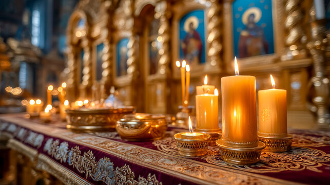 Majestic golden iconostasis with glowing candles in ornate orthodox church interior