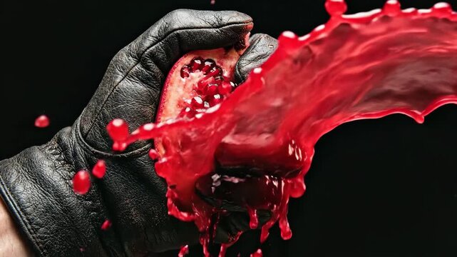 Gloved hand squeezing ripe pomegranate. Red juice splashing dynamically from bursting fruit. Fresh fruit extraction and liquid motion concept for culinary visuals.