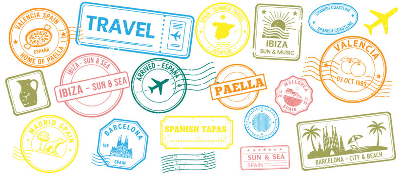 Spain travel passport stamp collection with Spanish destinations landmarks food and tourism icons