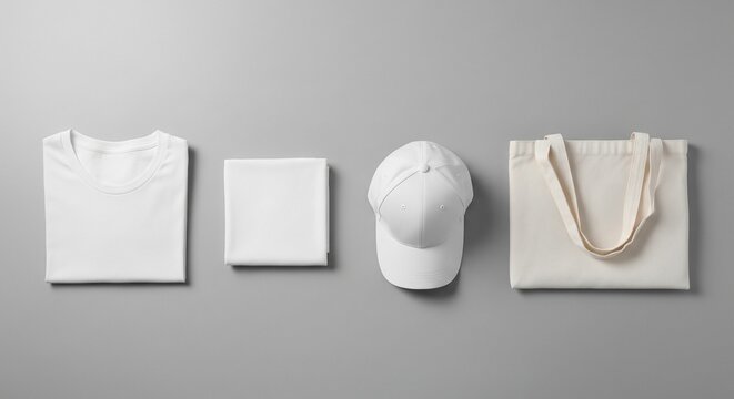 Folded white cotton t-shirt square cloth baseball cap and canvas tote bag arranged on gray background; minimal flat lay still life