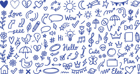 Fototapeta premium A collection of whimsical blue doodles on a white background including hearts stars and cute phrases
