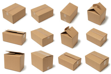 Fototapeta premium Brown Cardboard Boxes Displayed in Various Open and Closed States on White Background