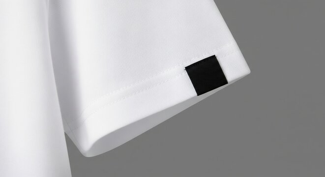 Close-up of a white t-shirt sleeve with a black label clean design modern apparel fashion detail casual clothing studio shot