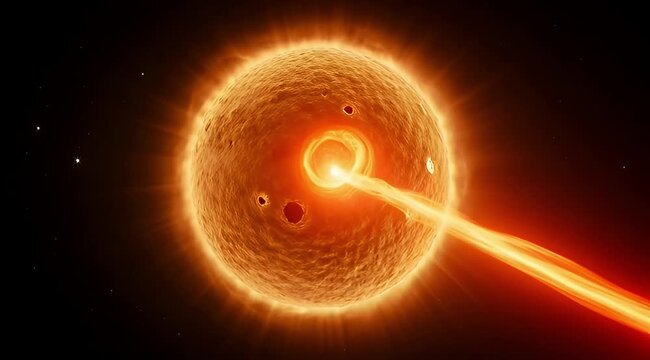 Cinematic solar flare erupting from a glowing orange sun, massive plasma burst in deep space, cosmic energy and solar radiation background