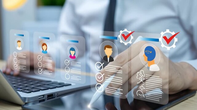 A professional manager using a digital tablet to review candidate resumes for recruitment process