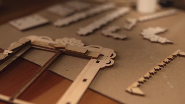 Organized Craft Components. Craft Scene With Precisioncut Wooden Components And Decorative Accents. Media