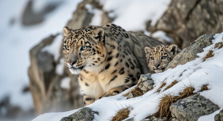 Fototapeta premium A snow leopard and its cub resting on snowy rocks in a mountainous landscape with a serene winter