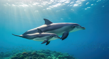 Fototapeta premium Two dolphins swimming together over a coral reef in clear blue water with sunlight filtering