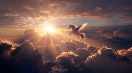 Fototapeta premium Pegasus flying above bright clouds during early morning light at sunrise
