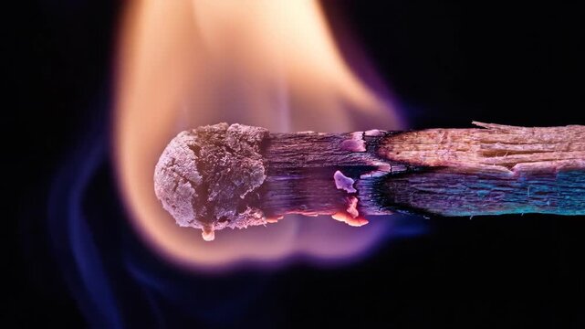 Wooden match igniting in sequence. Close-up frames show spark to flame burst and steady burn. Fire starting process and combustion concept.