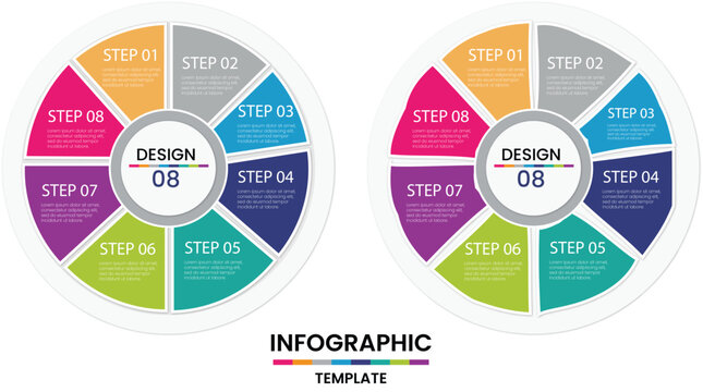 Eight step circular infographic design template for cyclic business process visualization and recurring project management workflow display